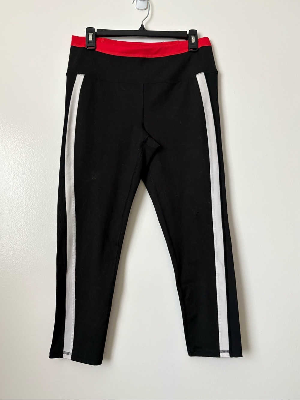 Girls' Black Leggings with White Side Stripes and Red Waistband